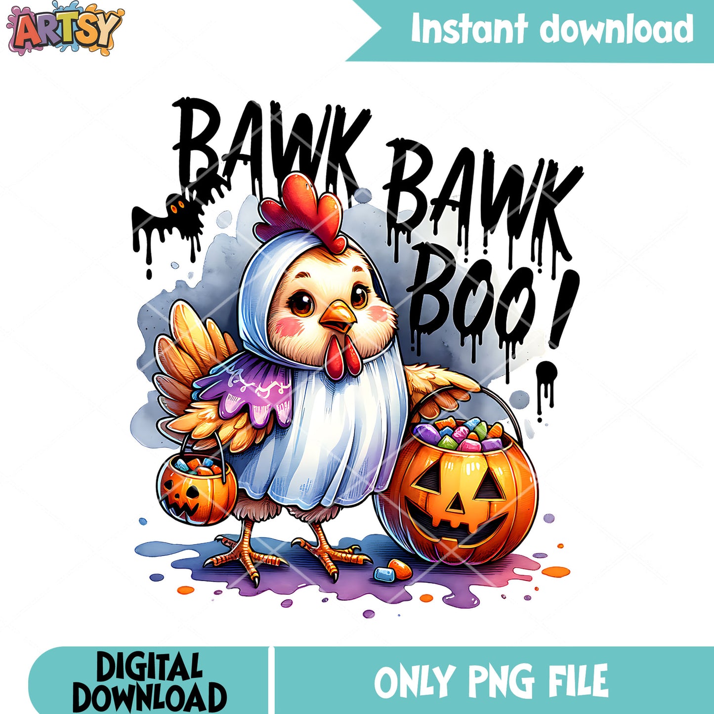 Spooky chicken pumpkin png, ghost costume png, halloween scary png