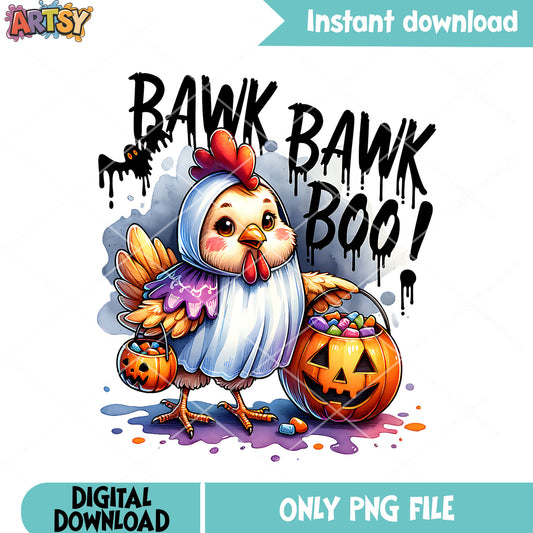 Spooky chicken pumpkin png, ghost costume png, halloween scary png