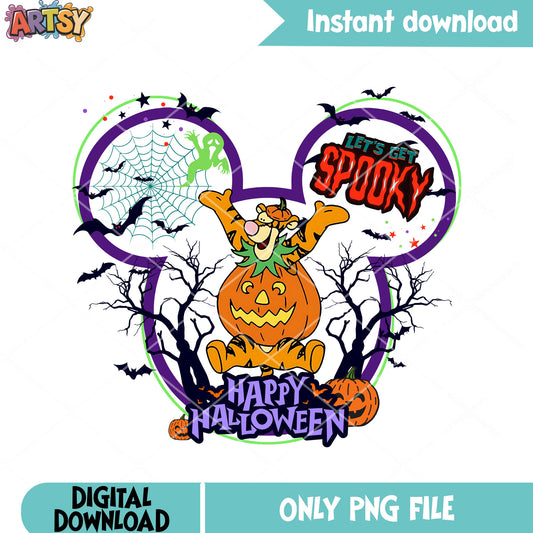 Spooky forest Tiger png, jack o lantern png, halloween costume png