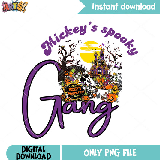 Spooky gang mickey png, spoky calstle png, wicker pumpkin png