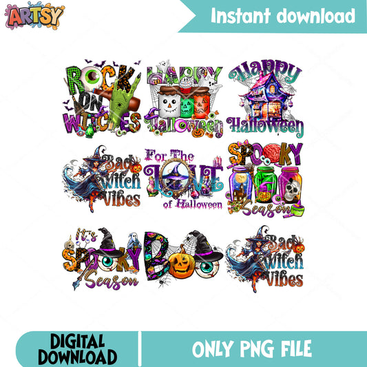 Spooky horror vibes png bundle, spooky halloween png, halloween vibes png