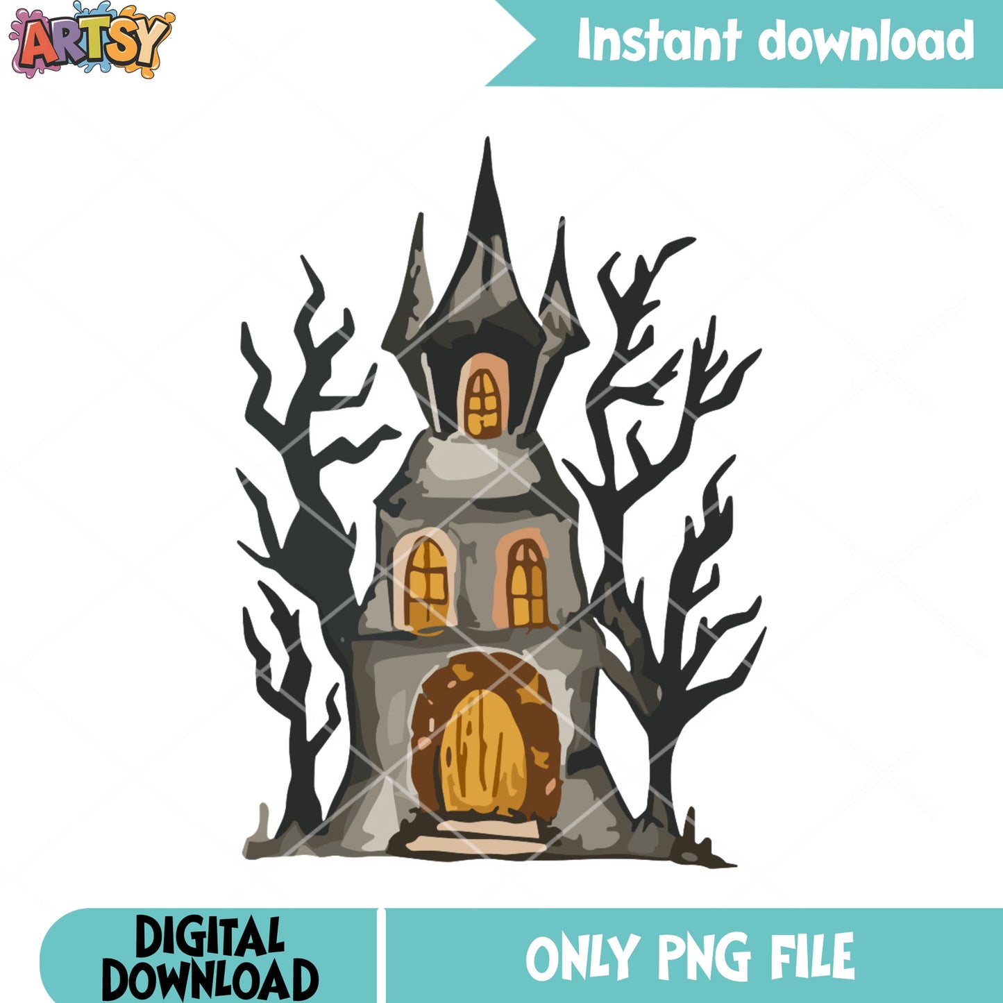 Spooky house in forest png, dead tree png, halloween night png
