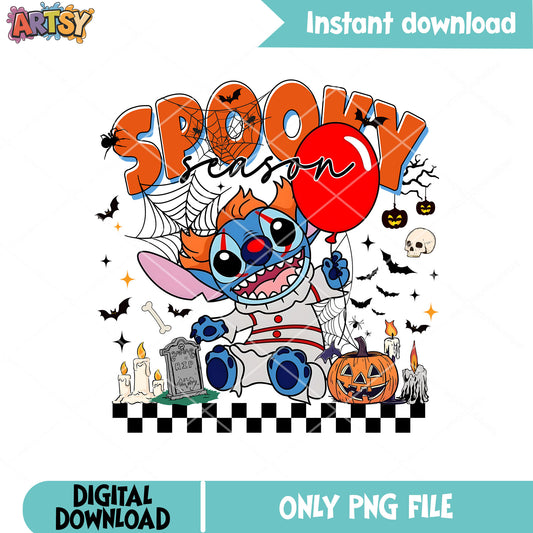 Spooky season stitch Pennywise png, stitch halloween costume​ png