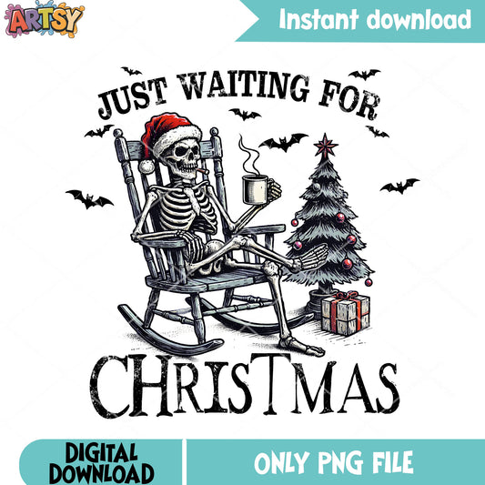 Spooky skeleton waiting christmas png, christmas gifts png, skeleton png