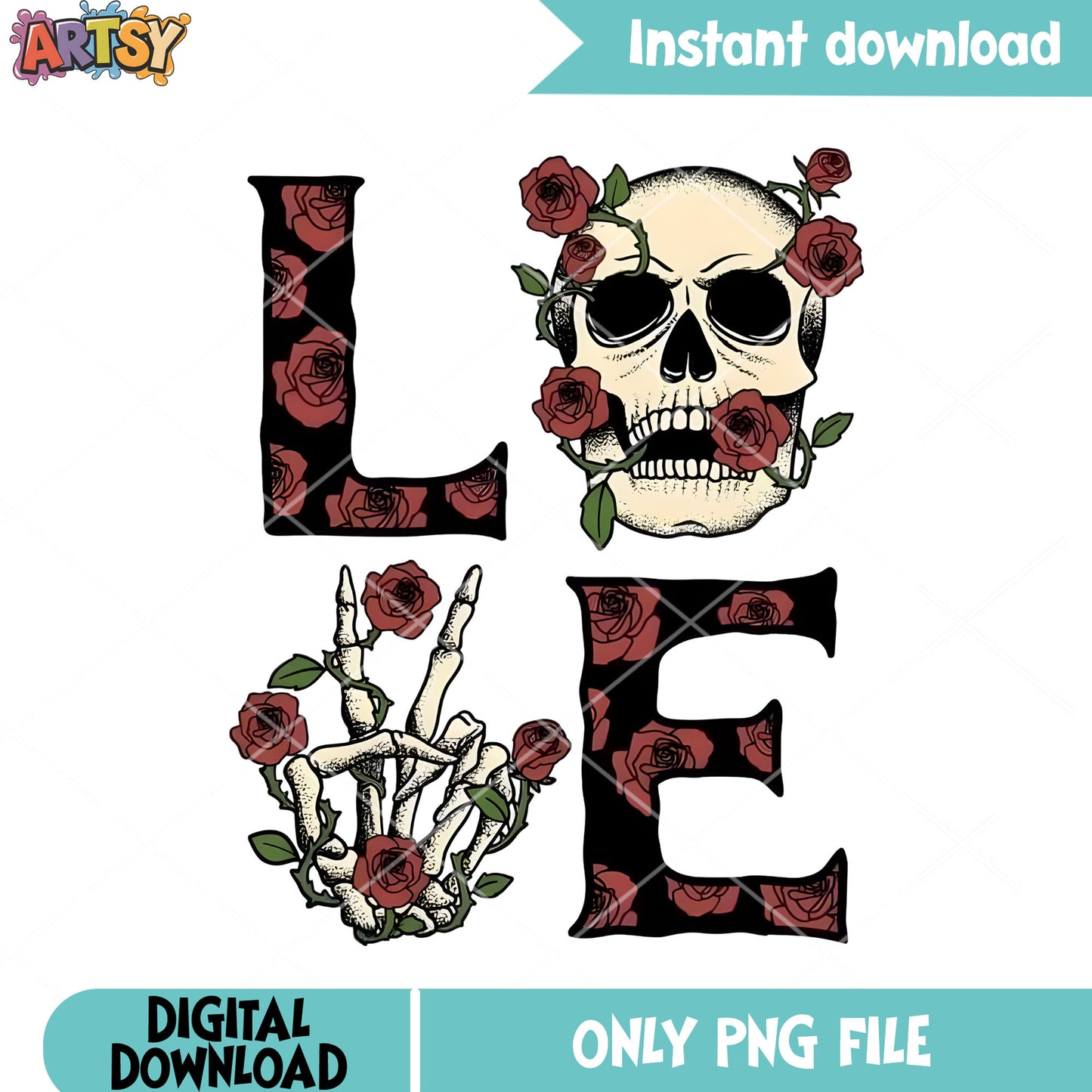 Spooky valentines rose png, valentine vibes png, skull skeleton png