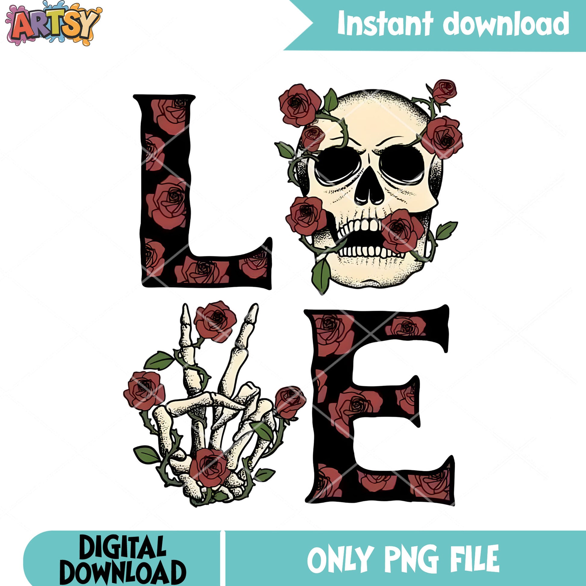 Spooky valentines rose png, valentine vibes png, skull skeleton png