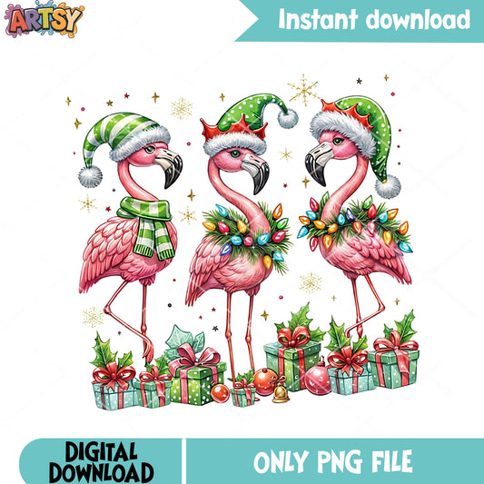 Squad flamingo festive png, christmas gifts png, starry nights png