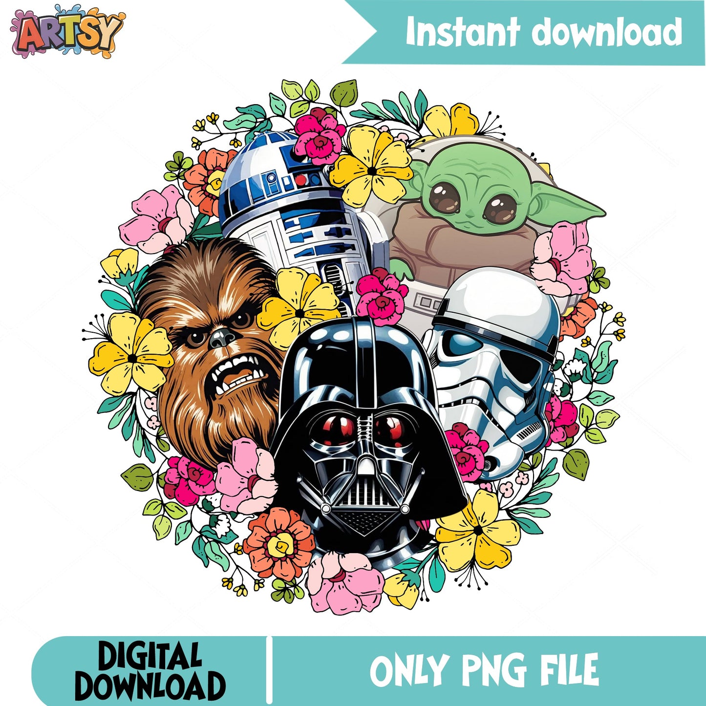 Star Wars Characters Floral PNG, Baby Yoda Darth Vader PNG, Stormtrooper PNG