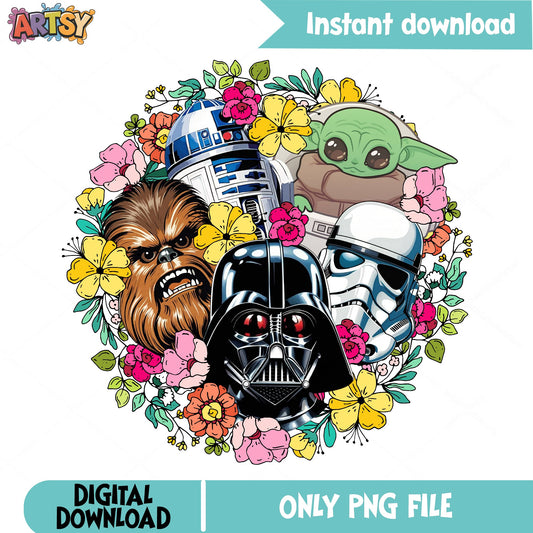 Star Wars Characters Floral PNG, Baby Yoda Darth Vader PNG, Stormtrooper PNG