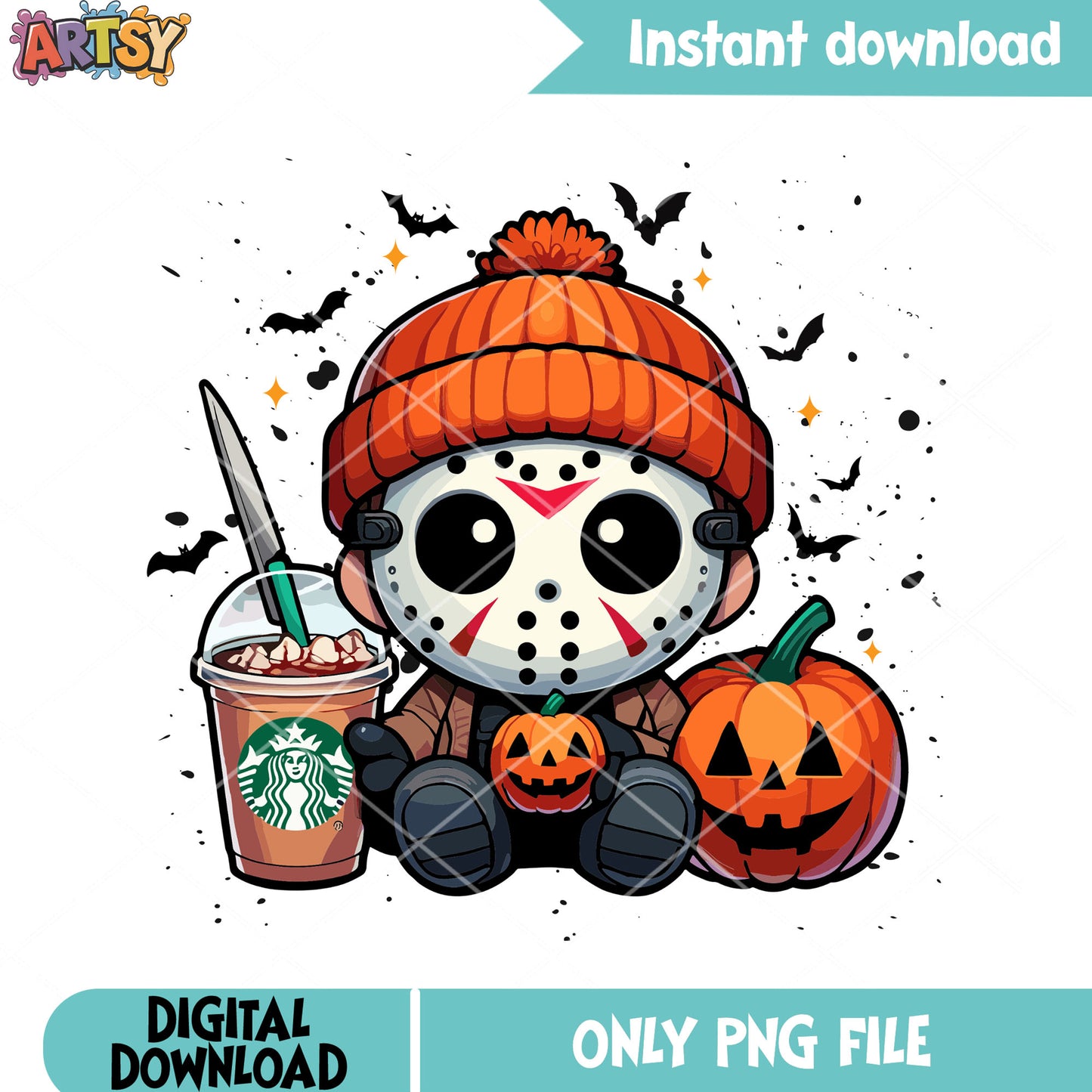 Star buck Jason vorheez png, wicker pumpkin png, firday the 13th png