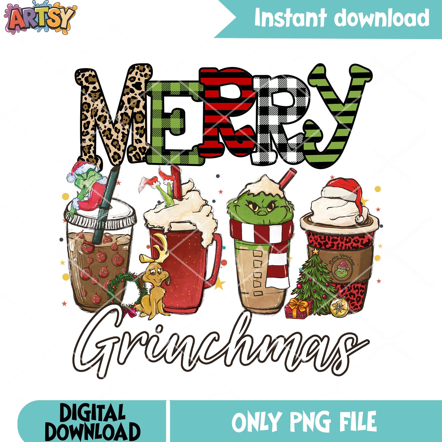Starry night grinchmas png, coffee png, christmas wreath png