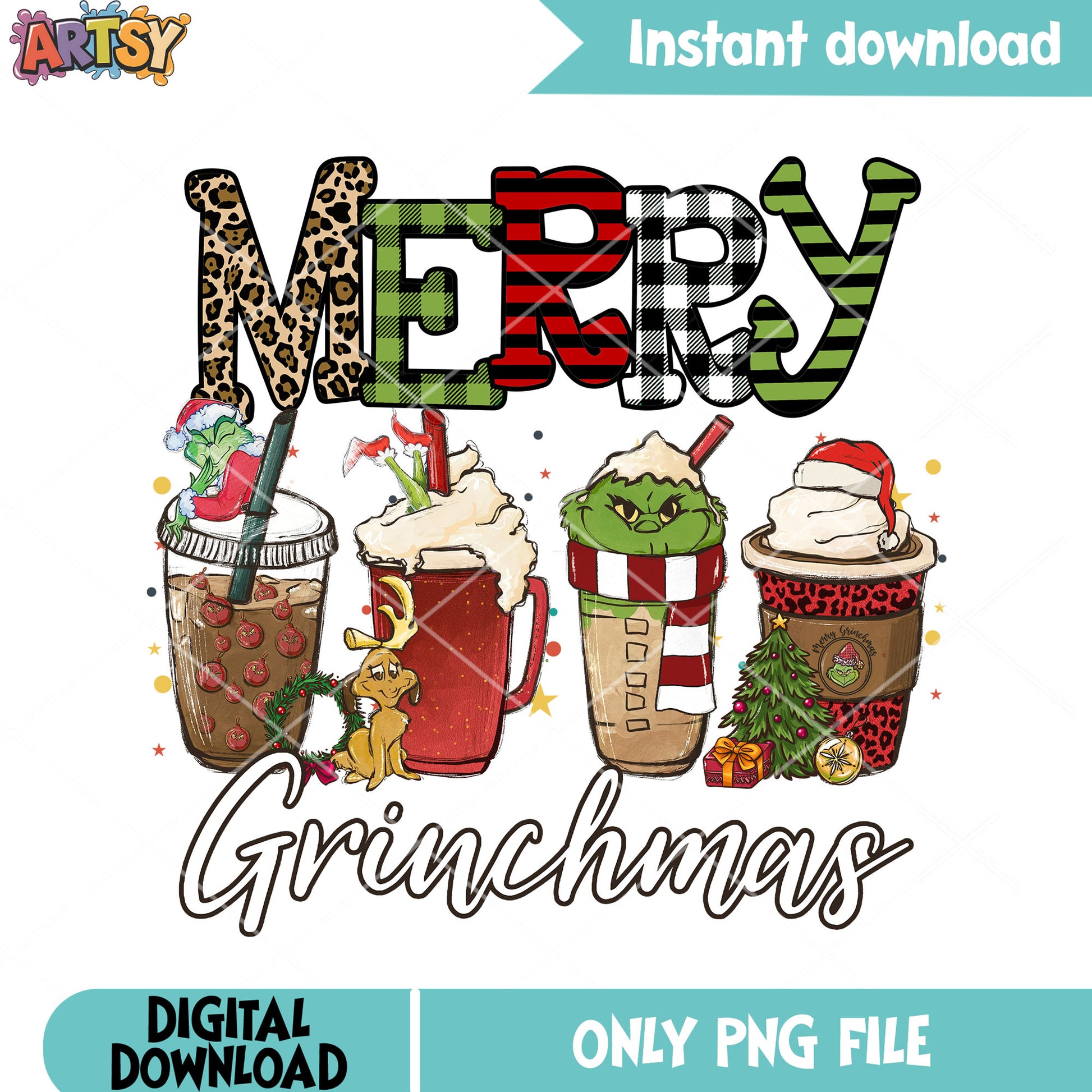 Starry night grinchmas png, coffee png, christmas wreath png