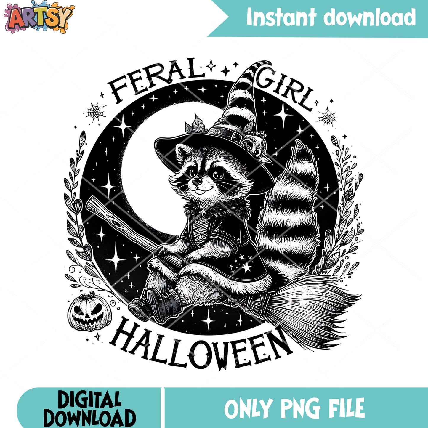 Stary night raccoon witch png, full moon png, halloween scary png