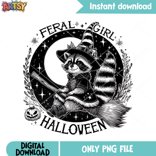 Stary night raccoon witch png, full moon png, halloween scary png