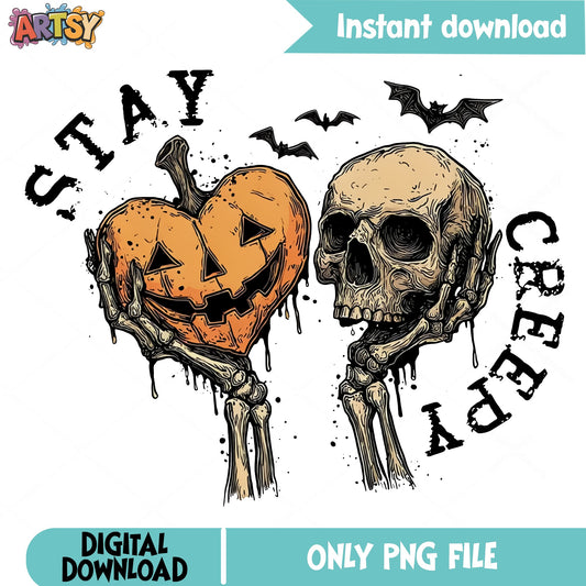 Stay Creepy Skull Pumpkin PNG, Halloween Skeleton PNG, Spooky PNG