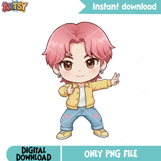 Sticker chibi boy png, anime boy png, boy pink hair png