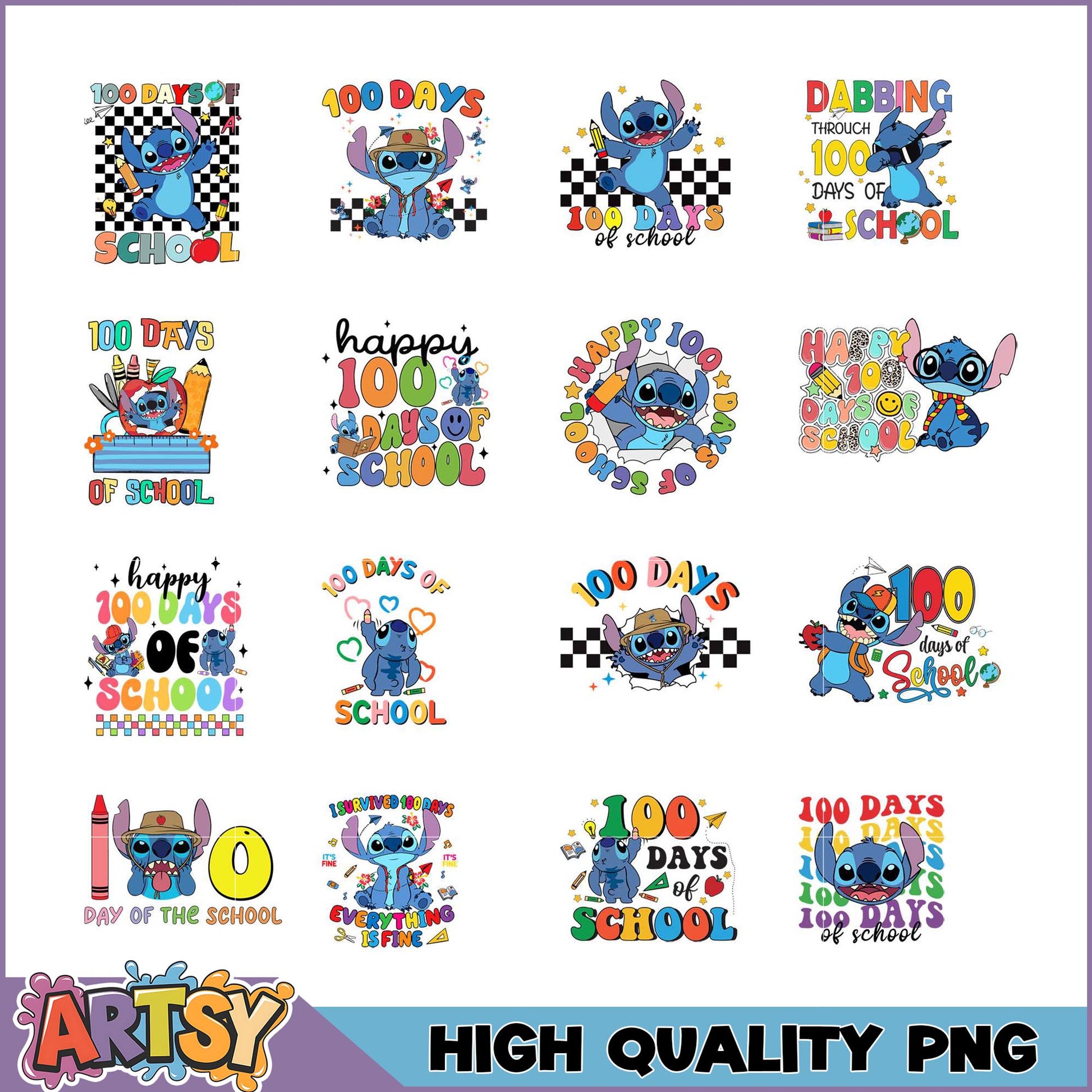 Stitch 100 Days of School PNG Bundle