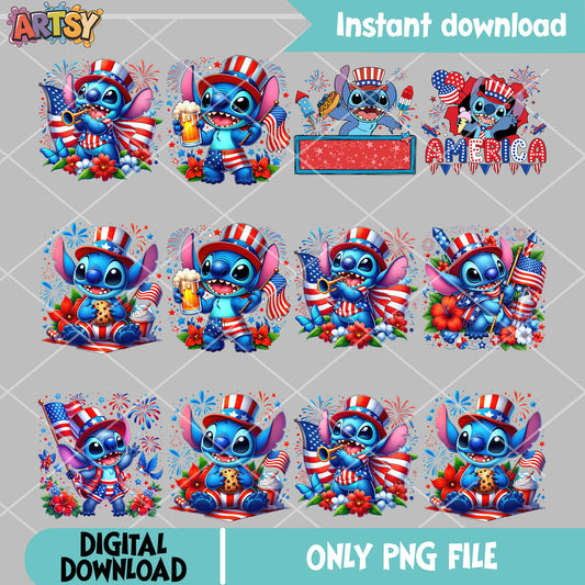 Stitch 4th of july png bundle, stitch america png, 4th of july png