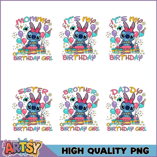 Stitch Birthday PNG Bundle Mom, Sis, Bro, Dad
