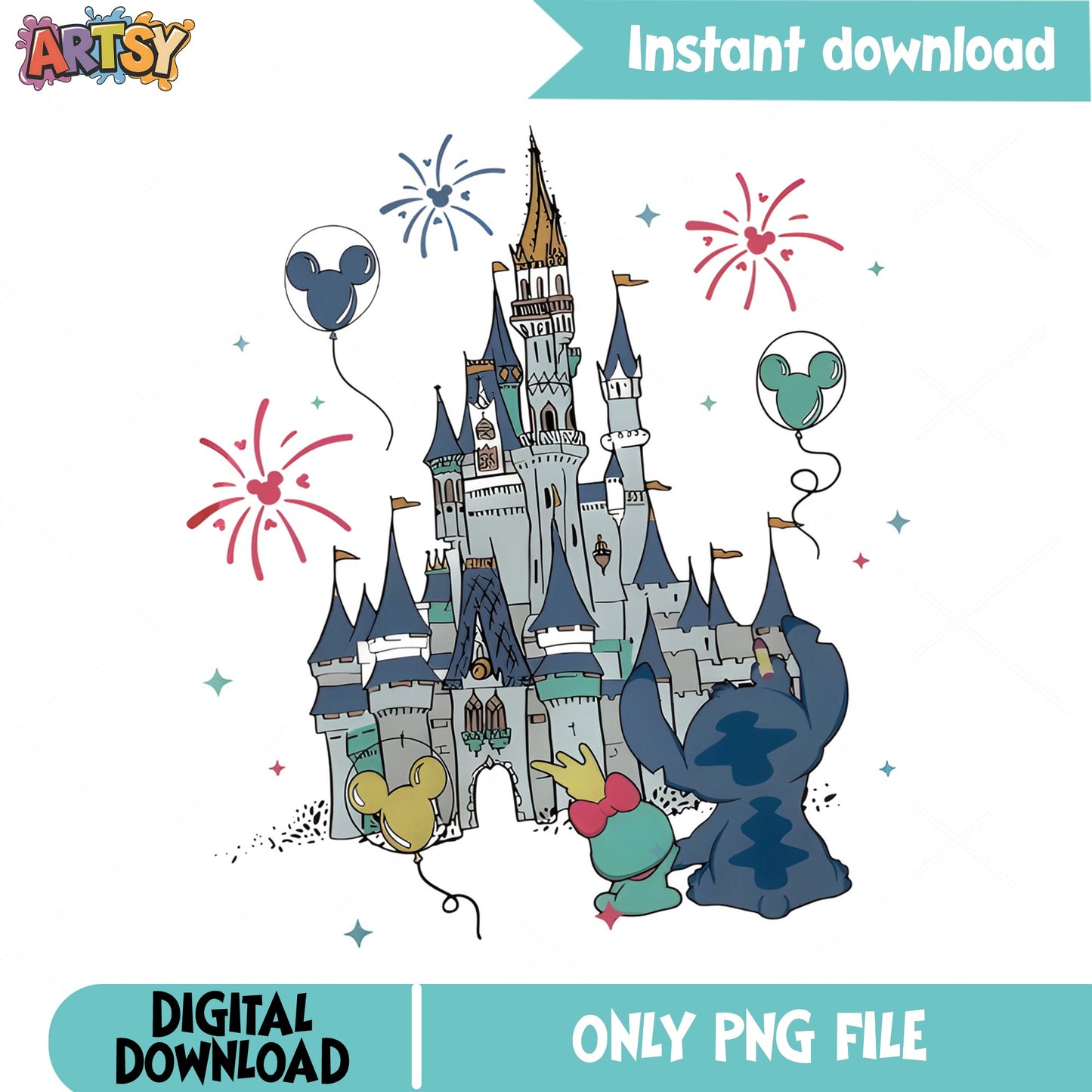 Stitch And Angel Disney Castle PNG, Magic Kingdom PNG, Disney Trip PNG
