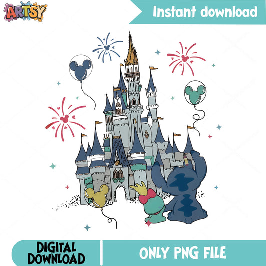 Stitch And Angel Disney Castle PNG, Magic Kingdom PNG, Disney Trip PNG
