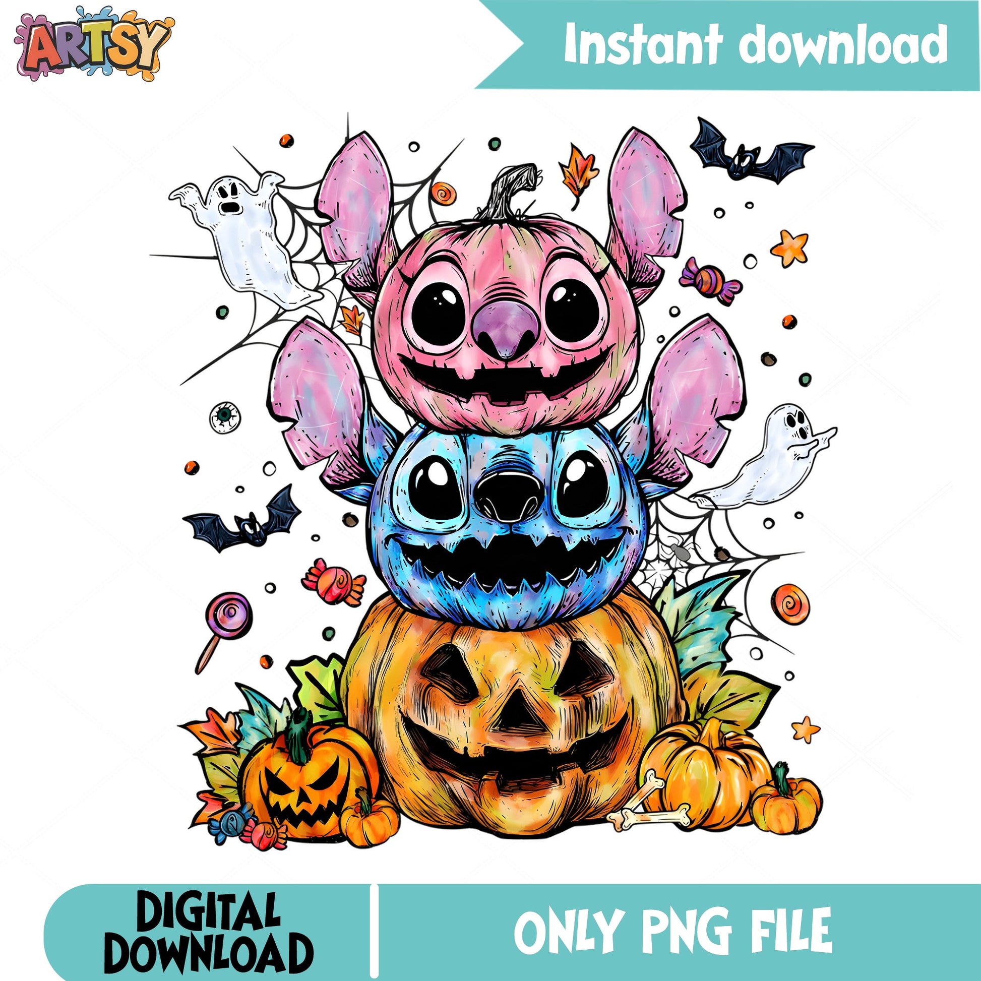 Stitch And Angel Halloween Pumpkin PNG, Disney Halloween PNG, Stitch PNG