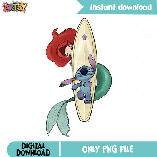 Stitch And Ariel Surfing PNG, Little Mermaid PNG, Disney PNG
