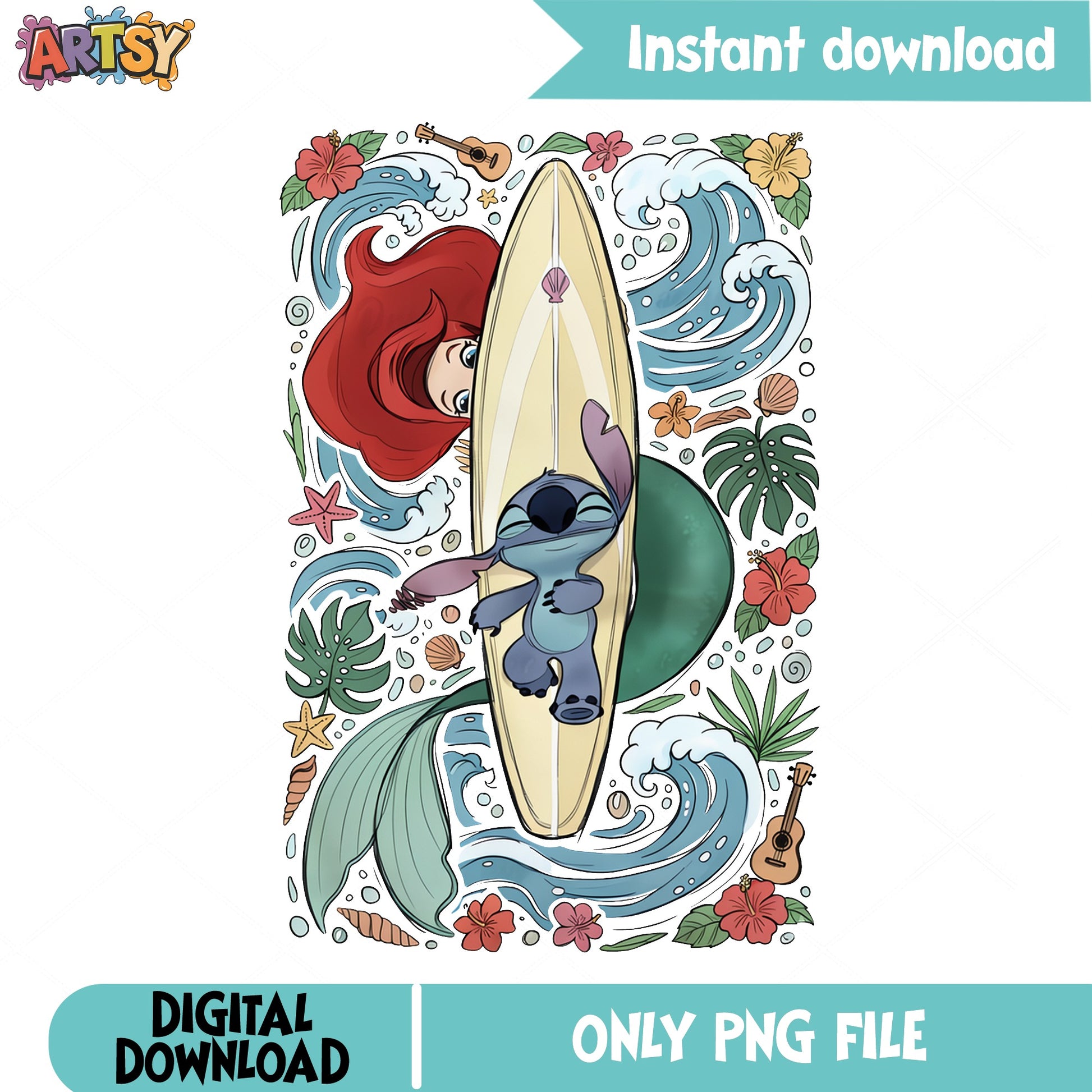 Stitch And Ariel Surfing Summer PNG, Disney Beach PNG, Lilo PNG