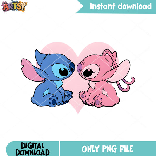 Stitch and angel valentine png, valentine heart png, stitch png