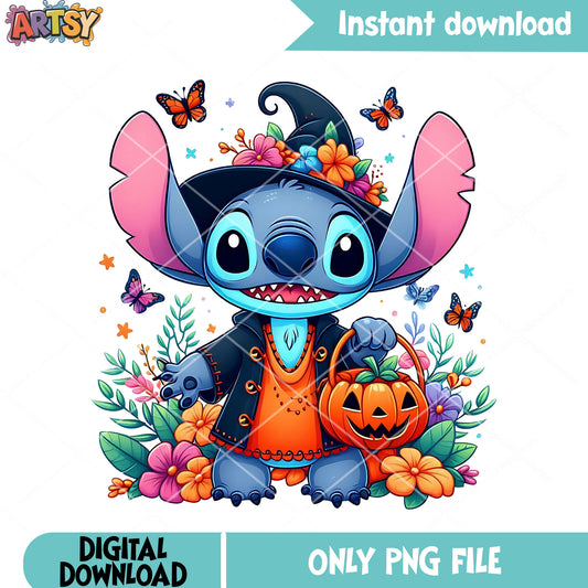 Stitch and lilo png, disney halloween png, witches hat png