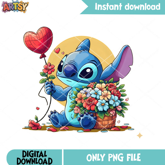 Stitch and valentine flower vibes png, valentines poster png, stitch png