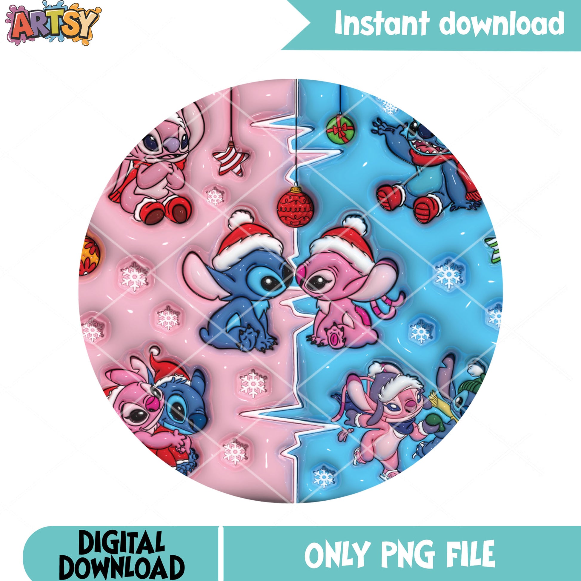 Stitch angel christmas png, couple split pink png, disney couple png