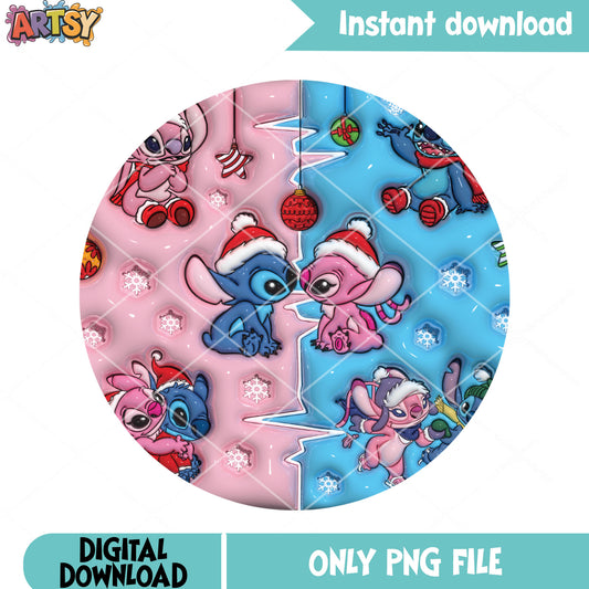 Stitch angel christmas png, couple split pink png, disney couple png