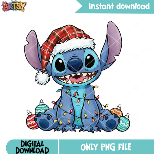 Stitch christmas poster png, lilo and stitch png, christmas lights png