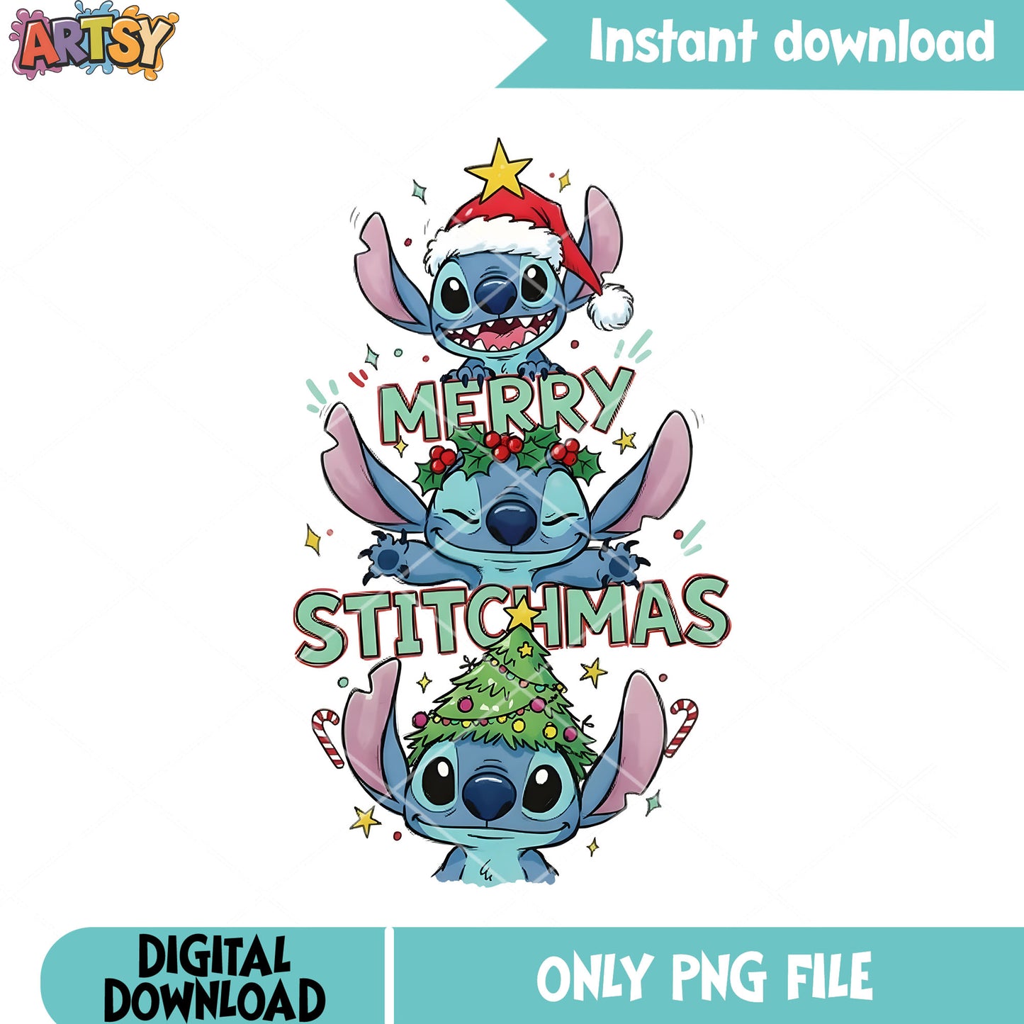 Stitch disney christmas png, christmas tree png, santa hat png