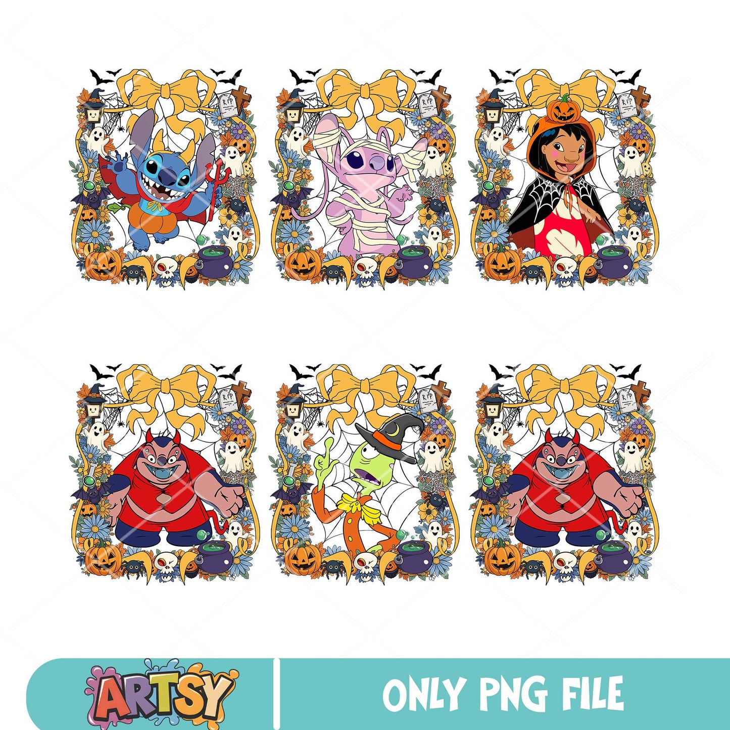Stitch halloween frame png bundle, stitch halloween png, halloween bow png