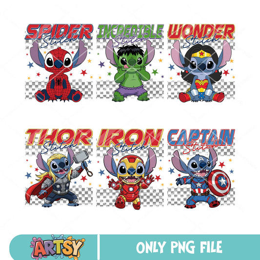 Stitch in marvel png bundle, marvel hero png, disney stitch png