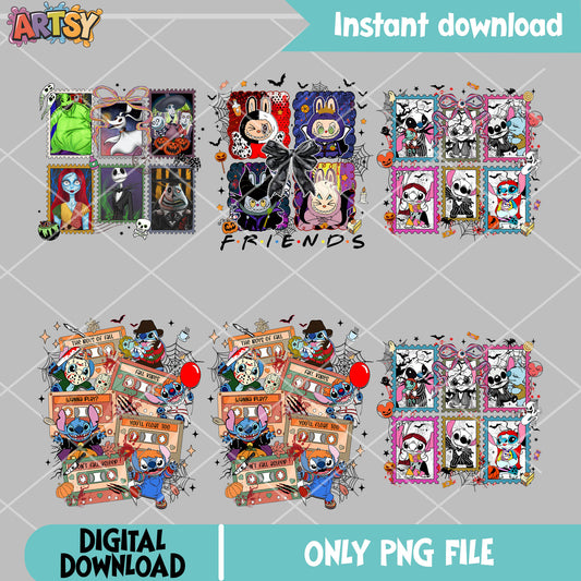 Stitch labubu friends png bundle, stitch halloween png, labubu halloween png