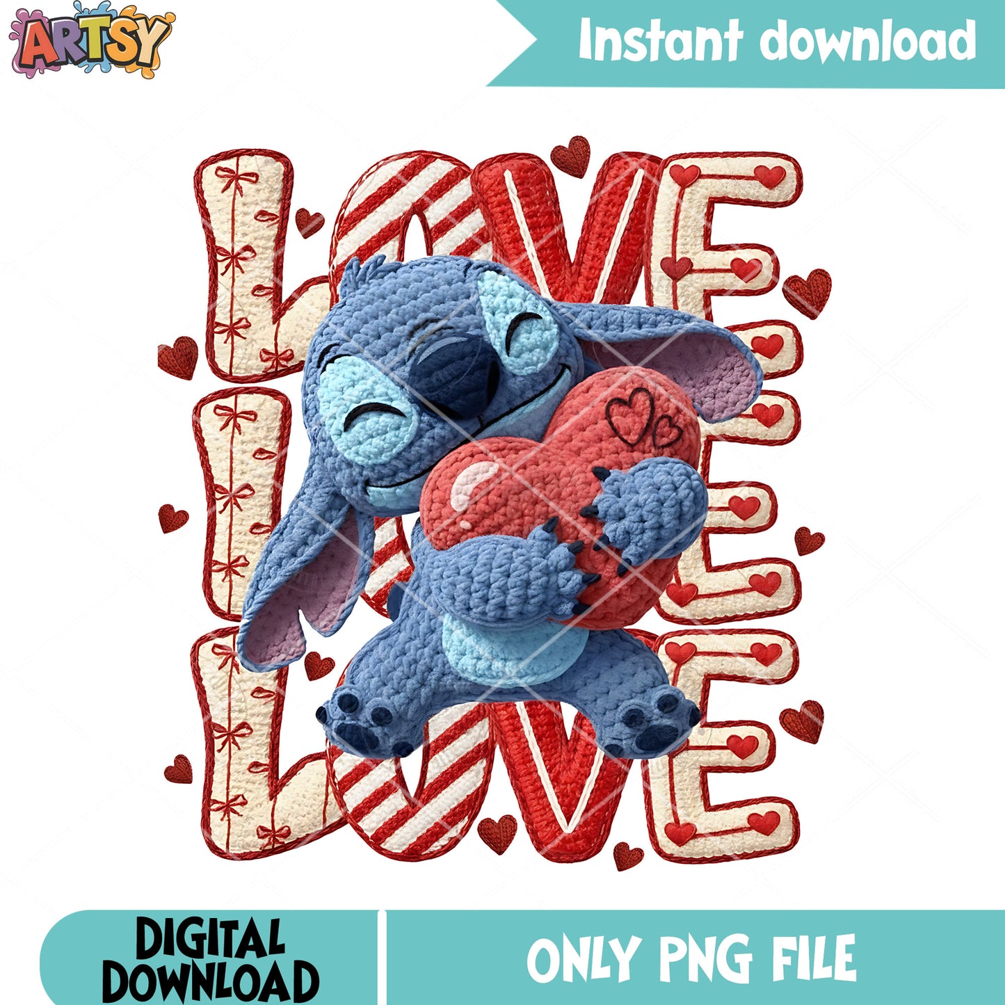 Stitch love png, valentine plush png, red heart hug png