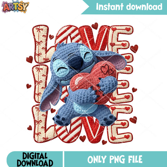 Stitch love png, valentine plush png, red heart hug png