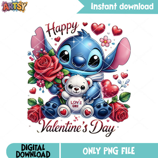 Stitch poster valentine png, valentine flower png, disney valentine png
