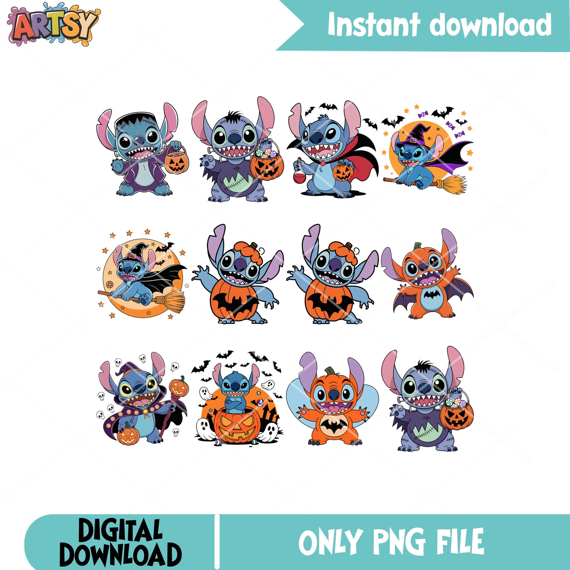 Stitch pumpkin png bundle, stitch halloween png, stitch clothers png