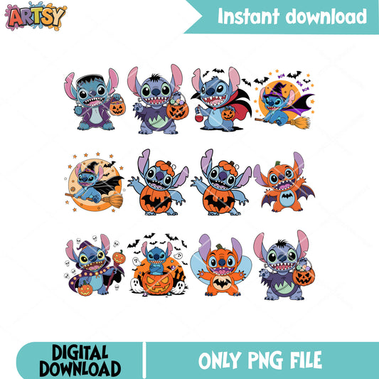 Stitch pumpkin png bundle, stitch halloween png, stitch clothers png