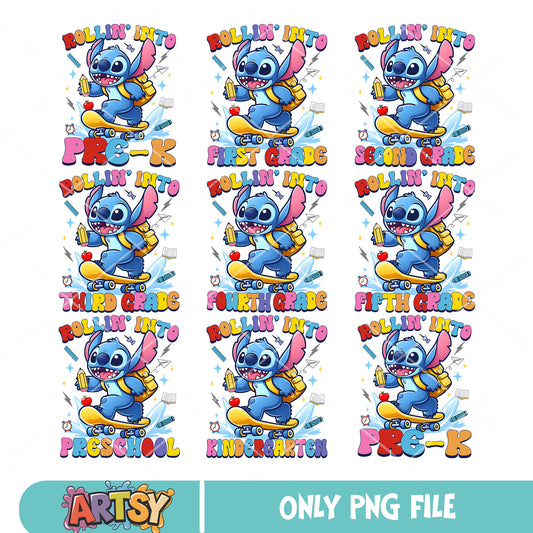 Stitch rollin into grade png bundle, stitch school png, back to school png