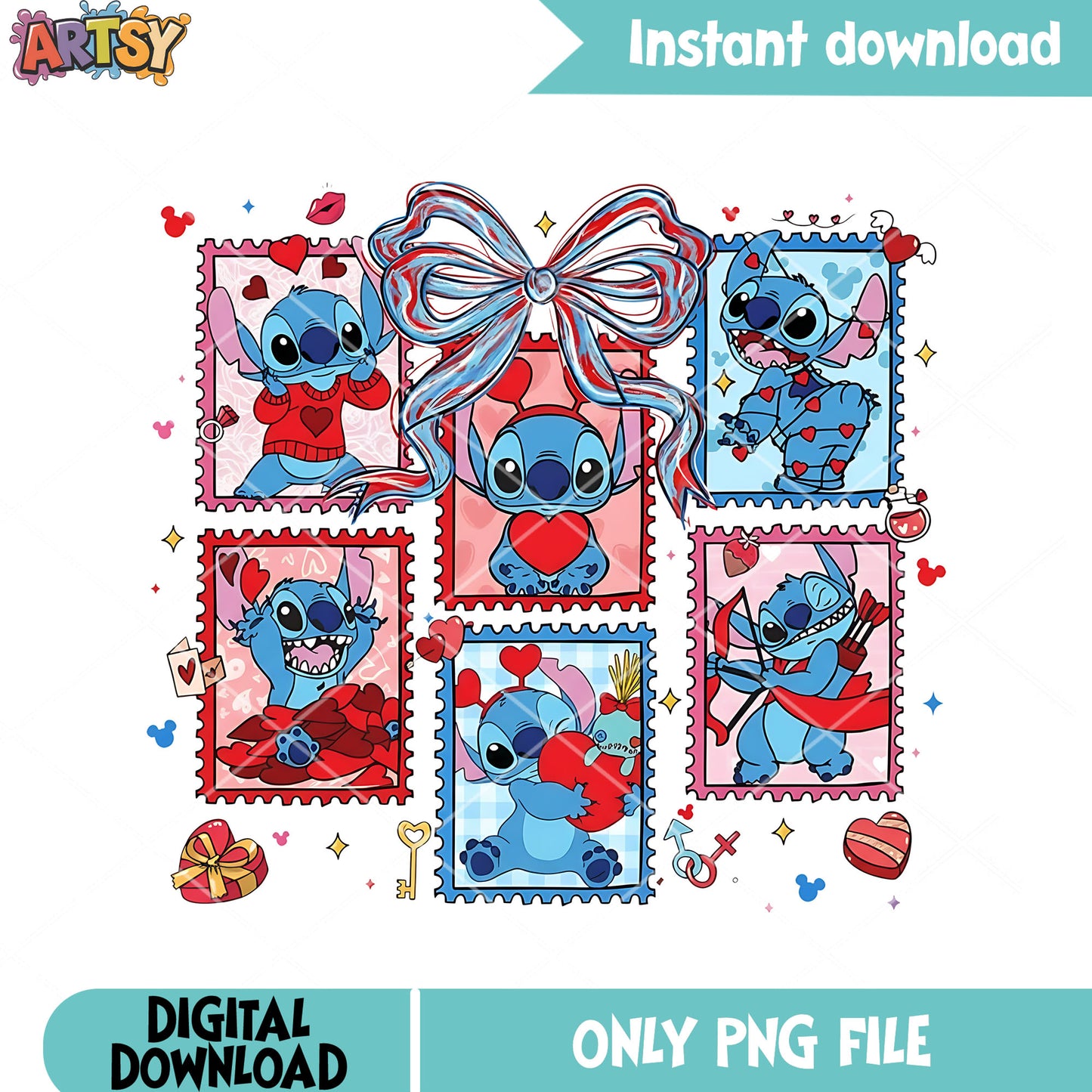 Stitch valentine png, love stamps png, romantic icons png