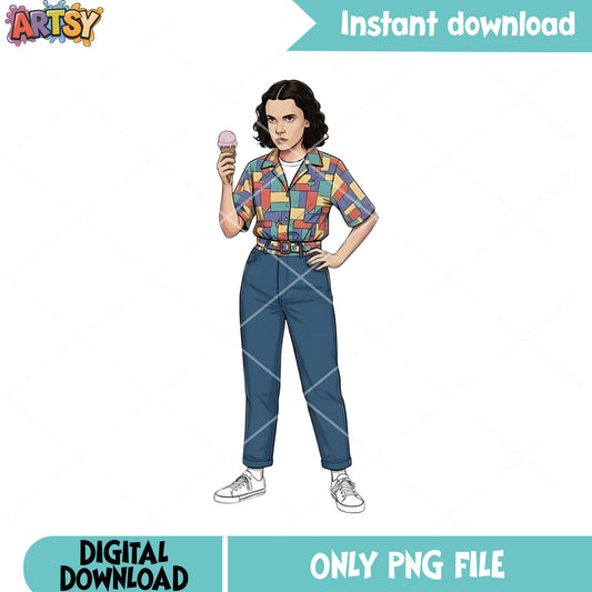 Stranger eleven ice cream png, colorful shirt png, 80s art png