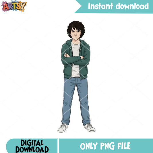 Stranger mike wheeler png, cartoon illustration png, full body png