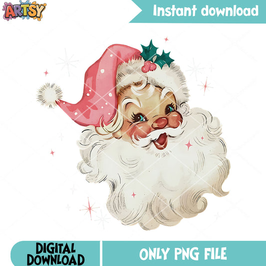 Sublimation vintage cute png, santa vintage png, holly hat pink png