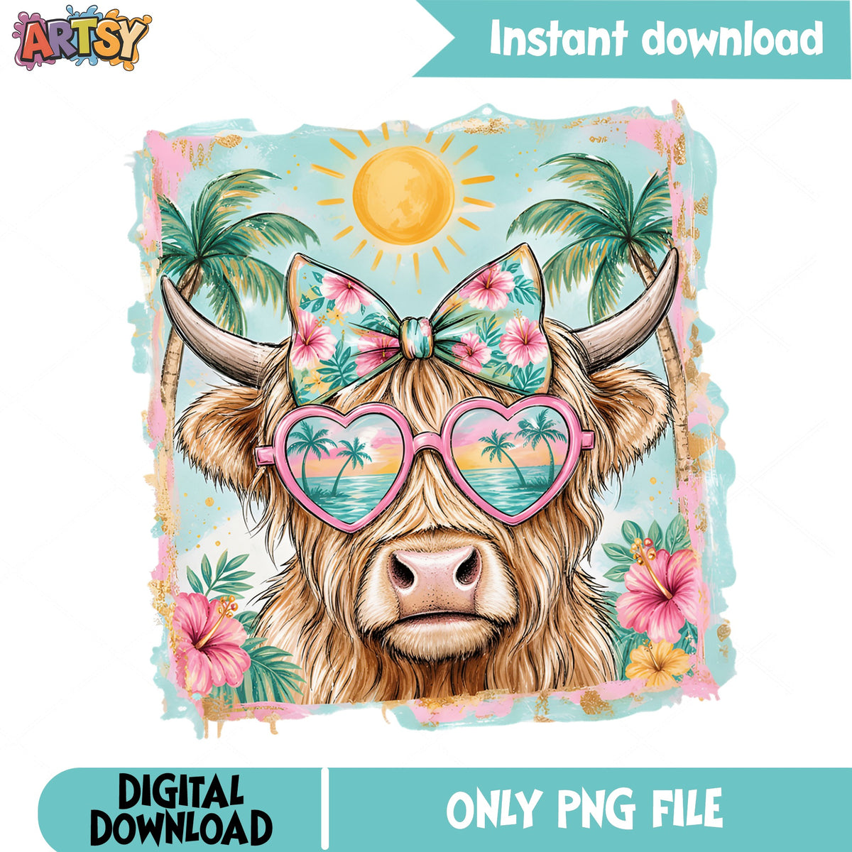 Summer Highland Cow PNG, Tropical Beach Cow PNG, Cute Cow PNG