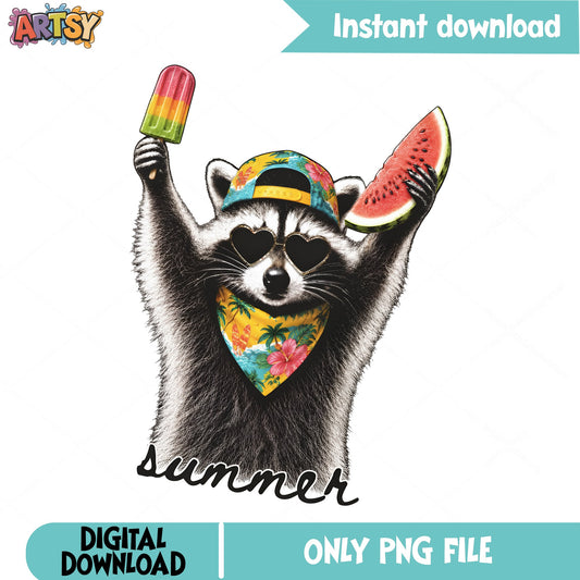 Summer Raccoon PNG, Funny Raccoon Sublimation, Raccoon PNG